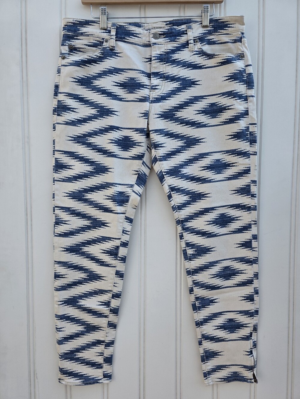 Denim & Supply Ralph Lauren Aztec Skinny Jeans Zipper Ankle Blue White Size 32